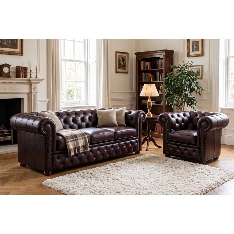 Komplet chesterfield Foster – sofa z fotelem w brązowej skórze, salon z kominkiem Komplet chesterfield Foster – sofa z fotelem w brązowej skórze, salon z kominkiem