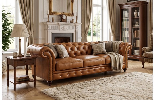 Sofa Harry 232 cm w koniakowej skórze – trzy siedziska w klasycznym salonie z kominkiem Sofa Harry 232 cm w koniakowej skórze – trzy siedziska w klasycznym salonie z kominkiem