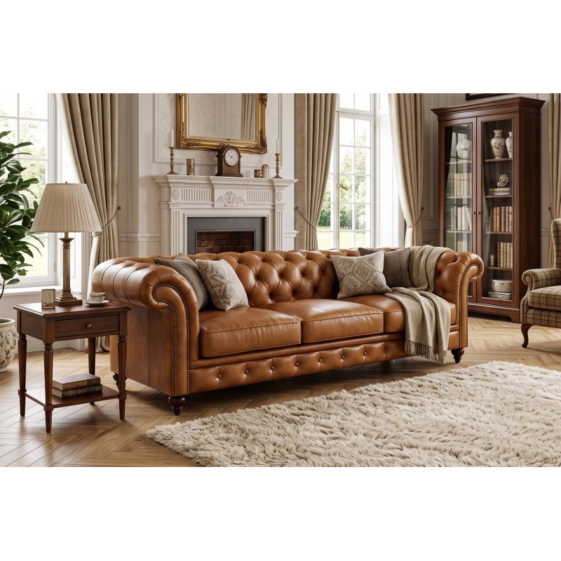 Sofa Harry 232 cm w koniakowej skórze – trzy siedziska w klasycznym salonie z kominkiem Sofa Harry 232 cm w koniakowej skórze – trzy siedziska w klasycznym salonie z kominkiem