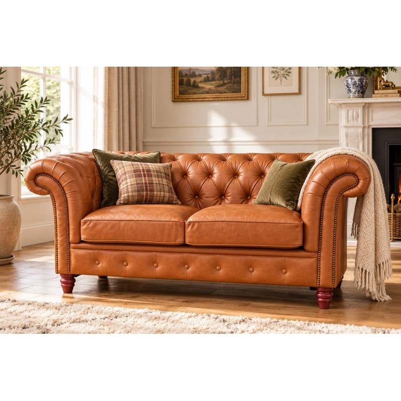 Sofa chesterfield skórzana Harry – koniakowa skóra, aranżacja klasycznego salonu