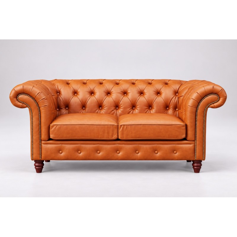 Chesterfield Harry 232 cm – pomarańczowy koniak skóry, dwa siedziska i toczone nóżki Chesterfield Harry 232 cm – pomarańczowy koniak skóry, dwa siedziska i toczone nóżki