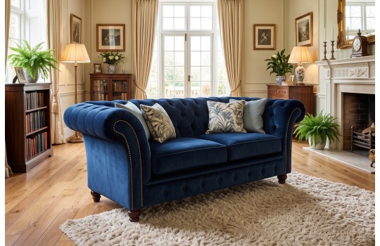 Sofa Harry w granatowym welurze – pikowane oparcie i ćwieki w jasnym salonie Sofa Harry w granatowym welurze – pikowane oparcie i ćwieki w jasnym salonie