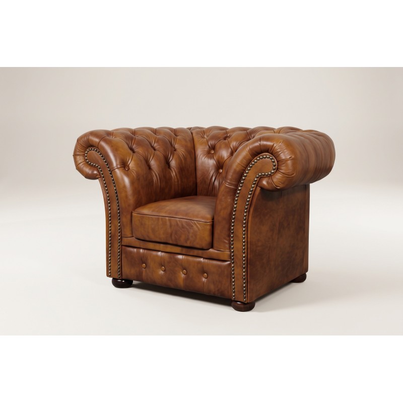 Fotel Chesterfield Wonder w brązowej skórze – pikowane oparcie i szerokie wałki boczne Fotel Chesterfield Wonder w brązowej skórze – pikowane oparcie i szerokie wałki boczne