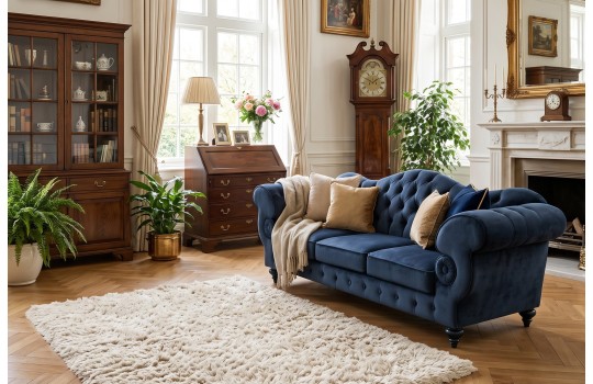 Sofa w stylu glamour Elizabeth – granat welurowy, aranżacja klasycznego salonu Sofa w stylu glamour Elizabeth – granat welurowy, aranżacja klasycznego salonu