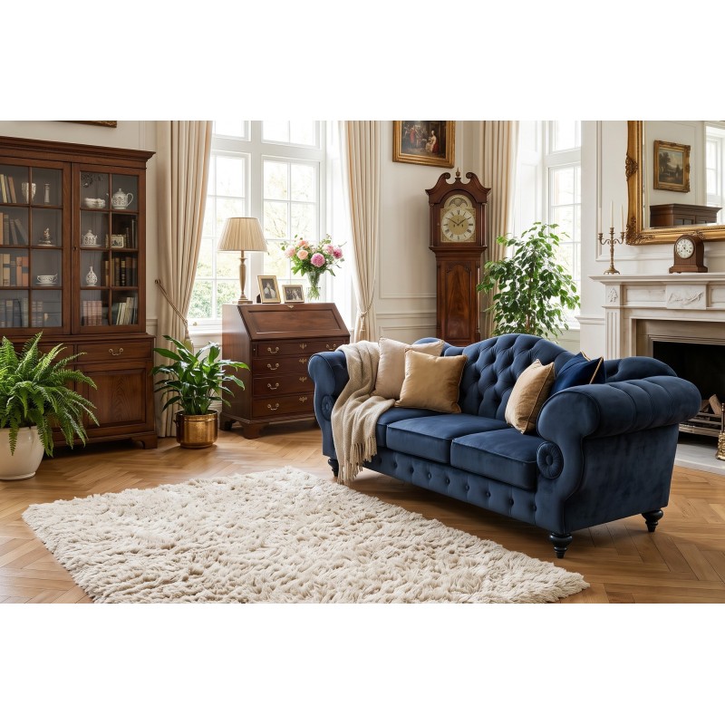 Sofa w stylu glamour Elizabeth – granat welurowy, aranżacja klasycznego salonu Sofa w stylu glamour Elizabeth – granat welurowy, aranżacja klasycznego salonu