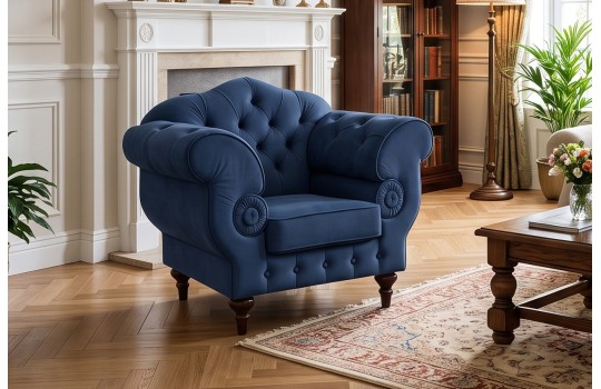 Fotel glamour Elizabeth – granatowy welur, pikowane oparcie i toczone drewniane nóżki Fotel glamour Elizabeth – granatowy welur, pikowane oparcie i toczone drewniane nóżki