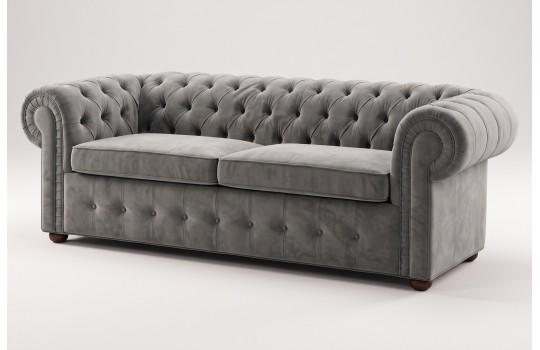 Szara sofa chesterfield Mati 230 cm z pikowanym oparciem Szara sofa chesterfield Mati 230 cm z pikowanym oparciem