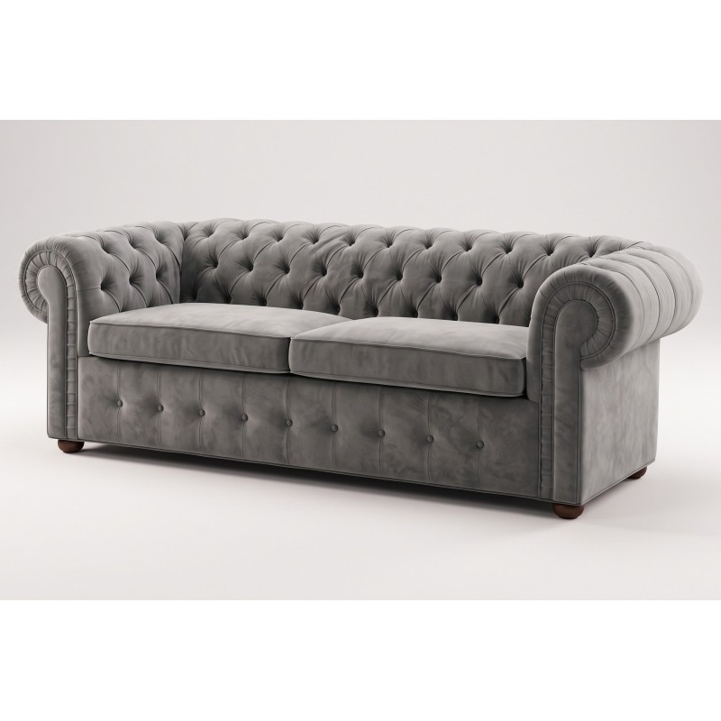 Szara sofa chesterfield Mati 230 cm z pikowanym oparciem Szara sofa chesterfield Mati 230 cm z pikowanym oparciem
