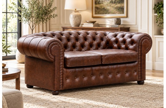 Brązowa skórzana sofa chesterfield Mati 230 cm w salonie z obrazem i lampą Brązowa skórzana sofa chesterfield Mati 230 cm w salonie z obrazem i lampą