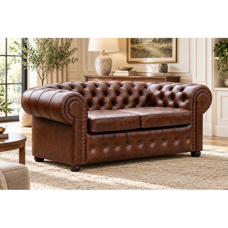 Brązowa skórzana sofa chesterfield Mati 230 cm w salonie z obrazem i lampą Brązowa skórzana sofa chesterfield Mati 230 cm w salonie z obrazem i lampą