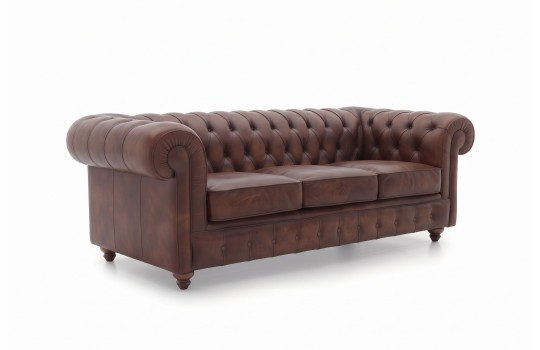 Brązowa skórzana sofa chesterfield Globo 220 cm z trzema siedziskami i toczonymi nóżkami