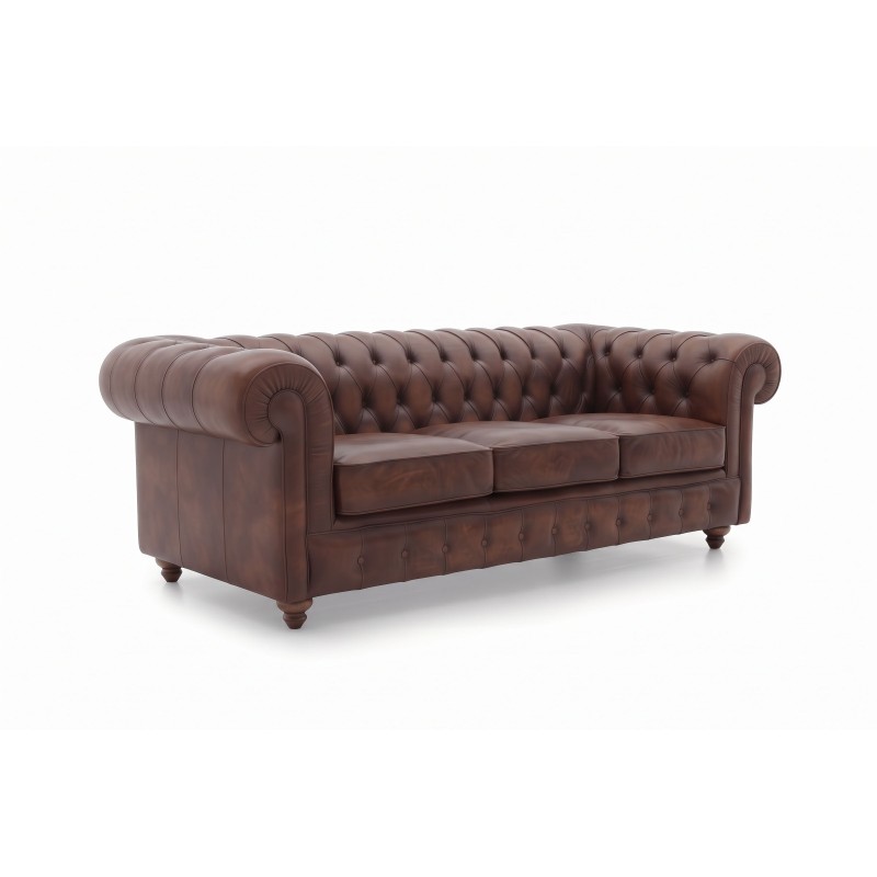 Brązowa skórzana sofa chesterfield Globo 220 cm z trzema siedziskami i toczonymi nóżkami