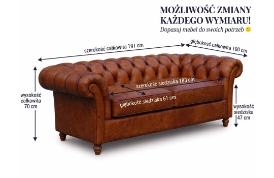 Niska kanapa chesterfield Brandford 220 cm na wymiar