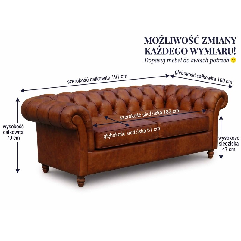 Niska kanapa chesterfield Brandford 220 cm na wymiar