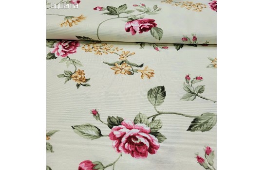 Tkanina w róże Canvas Sun 29 z bliska - pojedyncze róże z liśćmi na jasnym tle Tkanina w róże Canvas Sun 29 z bliska - pojedyncze róże z liśćmi na jasnym tle