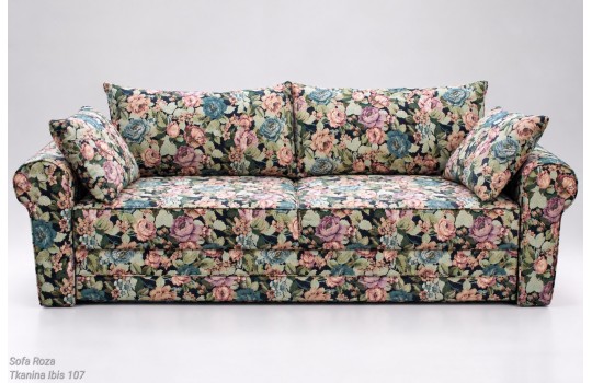Sofa Roza 246 cm Ibis 107 – kwiatowa tkanina, wałki podłokietników i poduszki Sofa Roza 246 cm Ibis 107 – kwiatowa tkanina, wałki podłokietników i poduszki