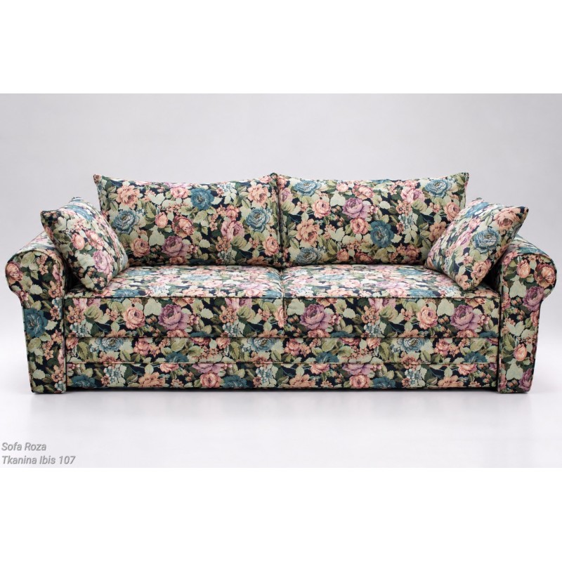 Sofa Roza 246 cm Ibis 107 – kwiatowa tkanina, wałki podłokietników i poduszki Sofa Roza 246 cm Ibis 107 – kwiatowa tkanina, wałki podłokietników i poduszki