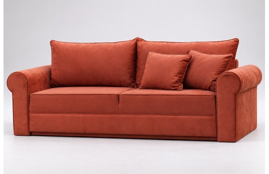 Sofa Roza 236 cm – ceglasty welur, trzy siedziska i zaokrąglone podłokietniki Sofa Roza 236 cm – ceglasty welur, trzy siedziska i zaokrąglone podłokietniki