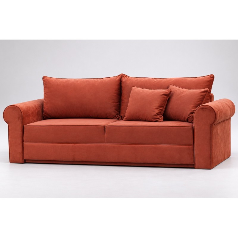 Sofa Roza 236 cm – ceglasty welur, trzy siedziska i zaokrąglone podłokietniki Sofa Roza 236 cm – ceglasty welur, trzy siedziska i zaokrąglone podłokietniki