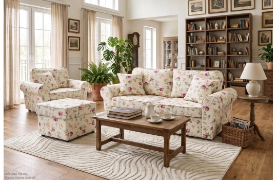 Sofa Roza w kwiaty z fotelem – komplet w kwiatowej tkaninie w klasycznym salonie Sofa Roza w kwiaty z fotelem – komplet w kwiatowej tkaninie w klasycznym salonie
