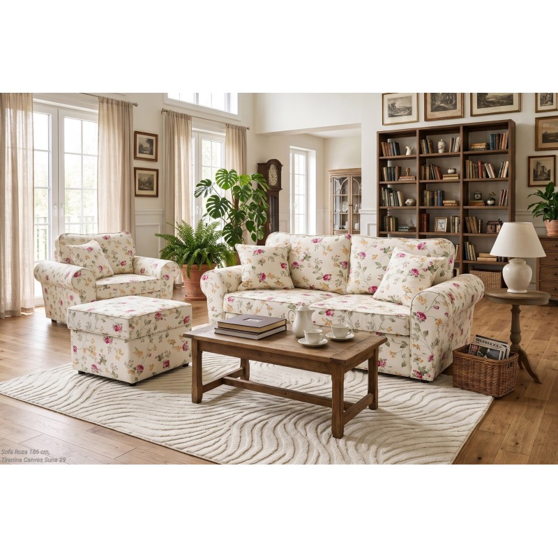 Sofa Roza w kwiaty z fotelem – komplet w kwiatowej tkaninie w klasycznym salonie Sofa Roza w kwiaty z fotelem – komplet w kwiatowej tkaninie w klasycznym salonie
