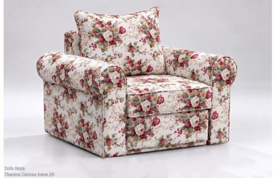 Rozkładana sofa Roza – ujęcie pod kątem, kwiatowe obicie i szerokie podłokietniki Rozkładana sofa Roza – ujęcie pod kątem, kwiatowe obicie i szerokie podłokietniki