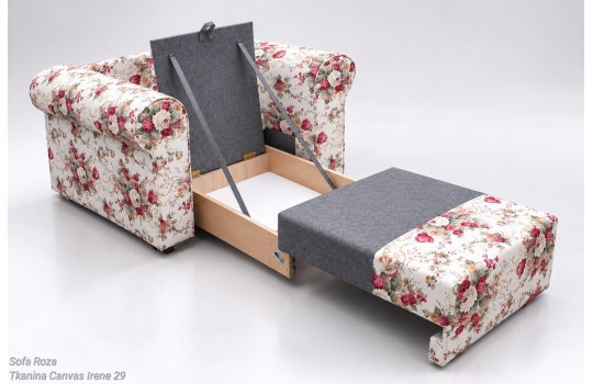 Rozkładana sofa Roza po rozłożeniu – materac na drewnianej ramie i wysunięty przód Rozkładana sofa Roza po rozłożeniu – materac na drewnianej ramie i wysunięty przód