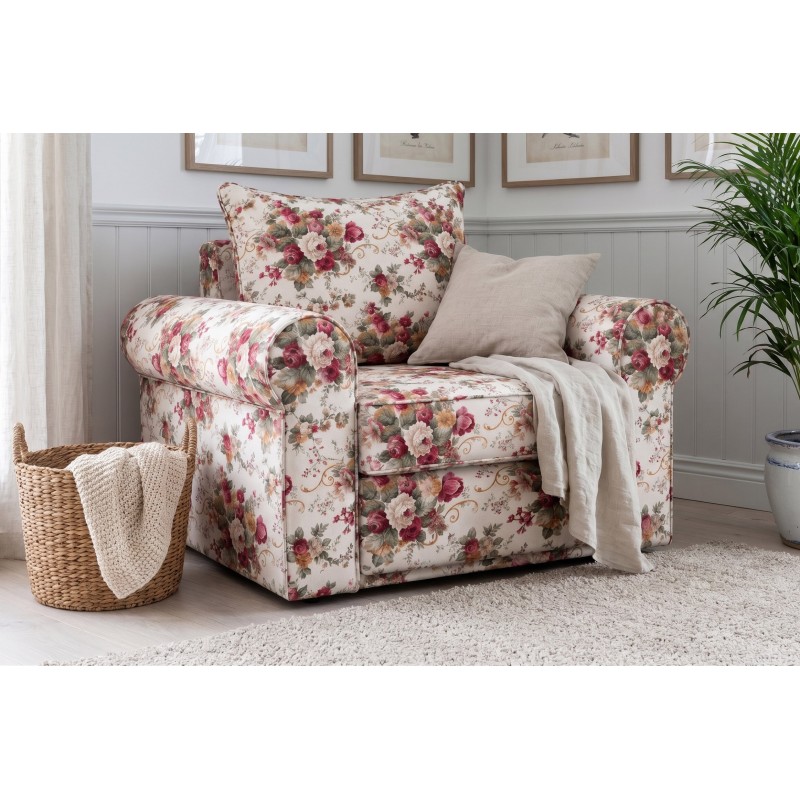 Rozkładana sofa 126 cm Roza – kwiatowe obicie w róże, koc i wiklinowy kosz w salonie Rozkładana sofa 126 cm Roza – kwiatowe obicie w róże, koc i wiklinowy kosz w salonie