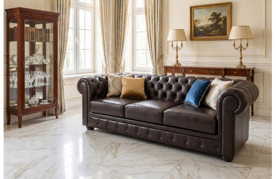 Sofa skórzana Chesterfield Retro w aranżacji salonu – ciemna skóra, pikowanie guzikami Sofa skórzana Chesterfield Retro w aranżacji salonu – ciemna skóra, pikowanie guzikami