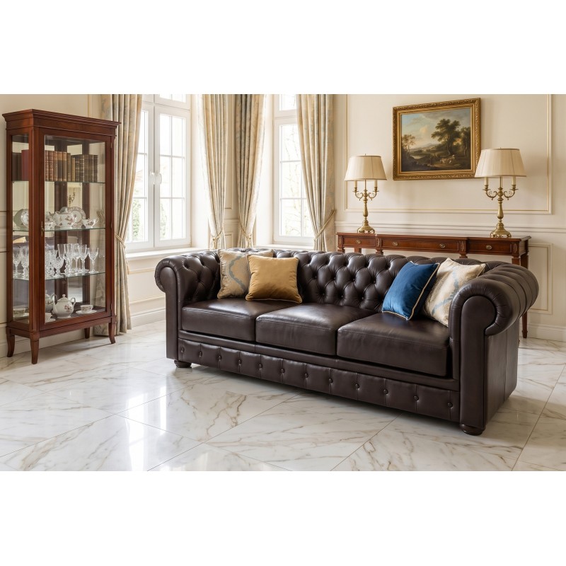 Sofa skórzana Chesterfield Retro w aranżacji salonu – ciemna skóra, pikowanie guzikami Sofa skórzana Chesterfield Retro w aranżacji salonu – ciemna skóra, pikowanie guzikami