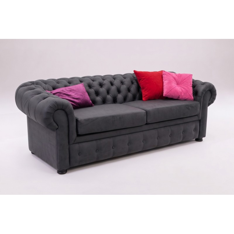 Grafitowa sofa Chesterfield Retro na stelażu belgijskim – pikowane oparcie i poduszki w fuksji Grafitowa sofa Chesterfield Retro na stelażu belgijskim – pikowane oparcie i poduszki w fuksji