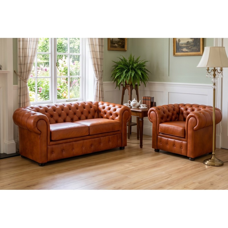 Skórzana sofa Chesterfield Retro z fotelem – koniakowy zestaw w ciemnozielonym wnętrzu Skórzana sofa Chesterfield Retro z fotelem – koniakowy zestaw w ciemnozielonym wnętrzu