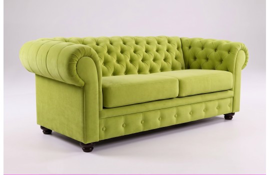 Zielona sofa Chesterfield Retro 2 osobowa – limonkowe obicie i pikowane guzikami oparcie Zielona sofa Chesterfield Retro 2 osobowa – limonkowe obicie i pikowane guzikami oparcie