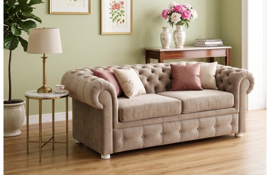 Szary fotel pikowany Chesterfield Retro – jasna tkanina, zestaw z sofą w zielonym salonie Szary fotel pikowany Chesterfield Retro – jasna tkanina, zestaw z sofą w zielonym salonie