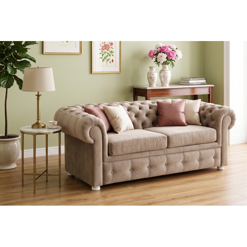 Szary fotel pikowany Chesterfield Retro – jasna tkanina, zestaw z sofą w zielonym salonie Szary fotel pikowany Chesterfield Retro – jasna tkanina, zestaw z sofą w zielonym salonie