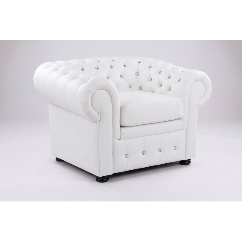 Biały fotel Chesterfield Retro – pikowane guzikami oparcie i zaokrąglone wałki boczne Biały fotel Chesterfield Retro – pikowane guzikami oparcie i zaokrąglone wałki boczne