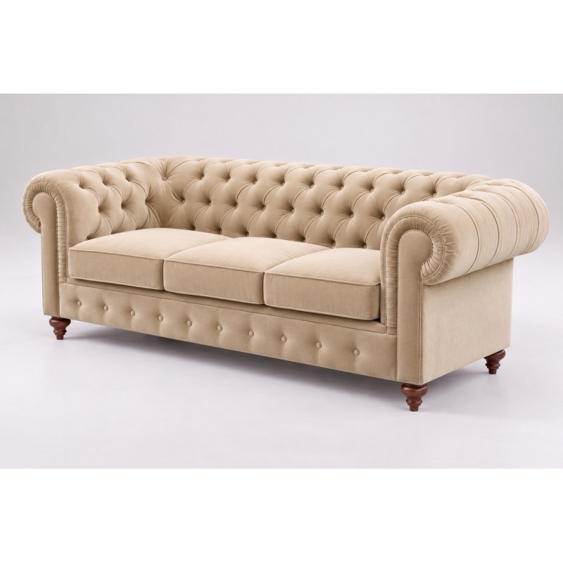 Sofa Chesterfield Globo 220 cm w beżowym obiciu z pikowanym oparciem i trzema siedziskami Sofa Chesterfield Globo 220 cm w beżowym obiciu z pikowanym oparciem i trzema siedziskami