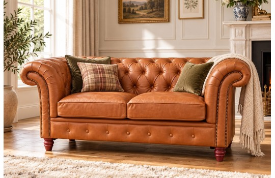 Sofa chesterfield Harry w kolorze koniaku z poduszkami przy kominku