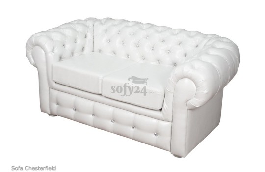 Biała skórzana sofa chesterfield z kryształkami 