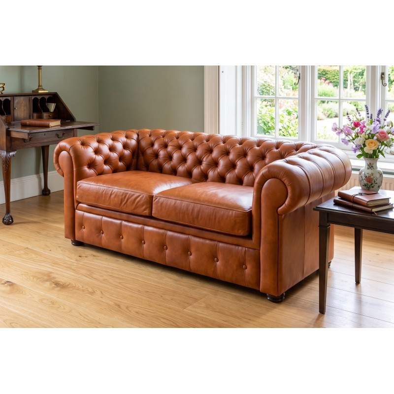 Sofa Chesterfield w skórze naturalnej – brązowa kanapa z pikowanym oparciem i bokami Sofa Chesterfield w skórze naturalnej – brązowa kanapa z pikowanym oparciem i bokami
