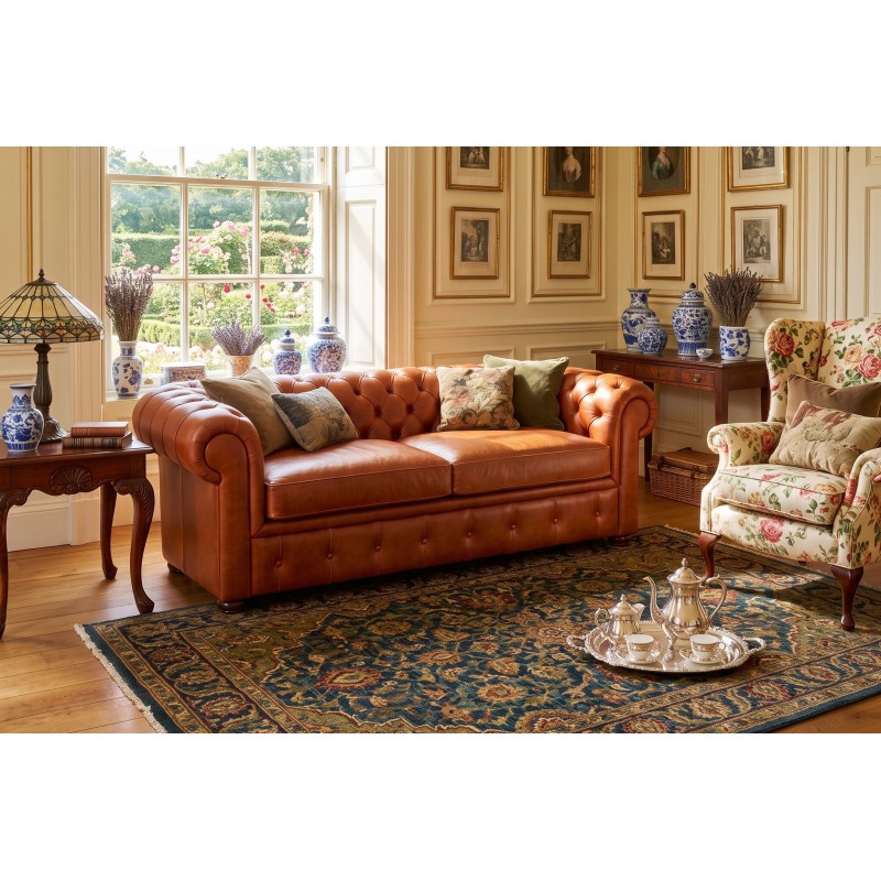 Kanapa ze skóry Chesterfield Retro – brązowa sofa 2 osobowa w stylowym, jasnym wnętrzu Kanapa ze skóry Chesterfield Retro – brązowa sofa 2 osobowa w stylowym, jasnym wnętrzu