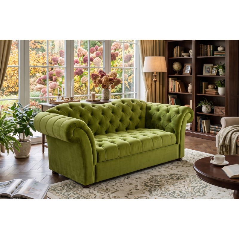 Falista kanapa Chesterfield Wave – zielony welur, pikowane oparcie w jasnym salonie Falista kanapa Chesterfield Wave – zielony welur, pikowane oparcie w jasnym salonie