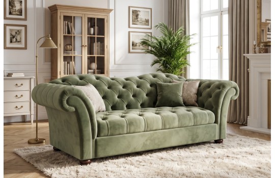 Chesterfield sofa Wave w szałwiowej zieleni – głębokie pikowanie na tkaninie i wałkach Chesterfield sofa Wave w szałwiowej zieleni – głębokie pikowanie na tkaninie i wałkach