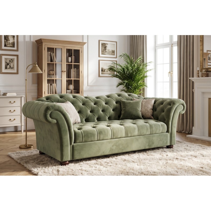 Chesterfield sofa Wave w szałwiowej zieleni – głębokie pikowanie na tkaninie i wałkach Chesterfield sofa Wave w szałwiowej zieleni – głębokie pikowanie na tkaninie i wałkach