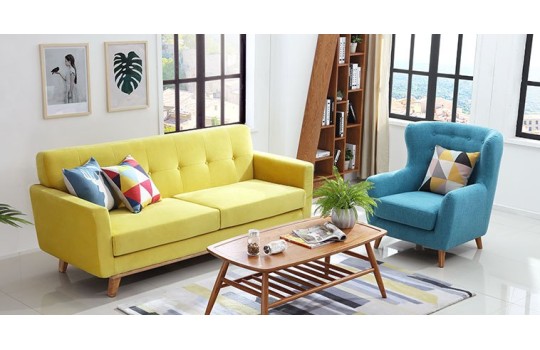żółta sofa Diana z fotele i stoliczkiem