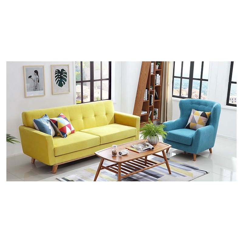 żółta sofa Diana z fotele i stoliczkiem