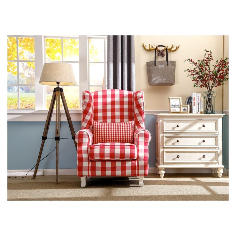 Fotel uszak w czerwoną kratę Boden