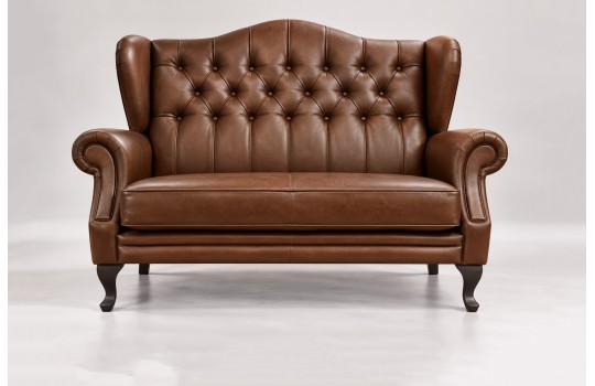 Dwuosobowa sofa uszak chesterfield Bertiso w brązowej skórze naturalnej