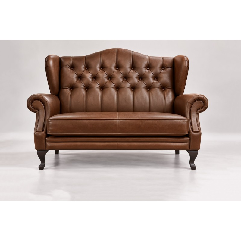 Dwuosobowa sofa uszak chesterfield Bertiso w brązowej skórze naturalnej Dwuosobowa sofa uszak chesterfield Bertiso w brązowej skórze naturalnej