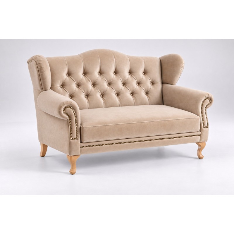 Beżowa sofa uszak Aloha 150 cm w tkaninie, na jasnych giętych nóżkach Beżowa sofa uszak Aloha 150 cm w tkaninie, na jasnych giętych nóżkach